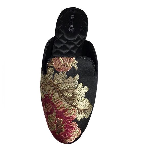 Birdies Black Quilted Floral Print Mules Size 5 - Picture 1 of 10